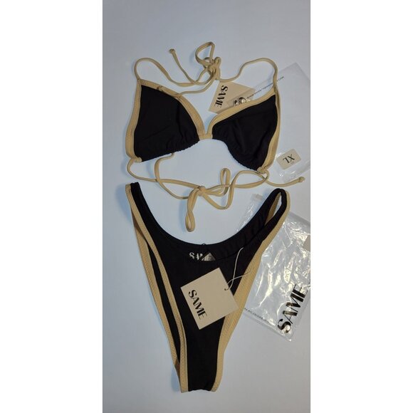 SAME Los Angeles Swim Bikini Set 2Pc Triangle Top XL High Weist Bottom L Black - Picture 1 of 9